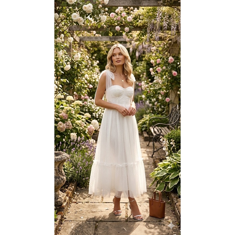 New Petal + Pup Floret Midi Dress M White Swiss Dot Tulle Bridal Shower Wedding